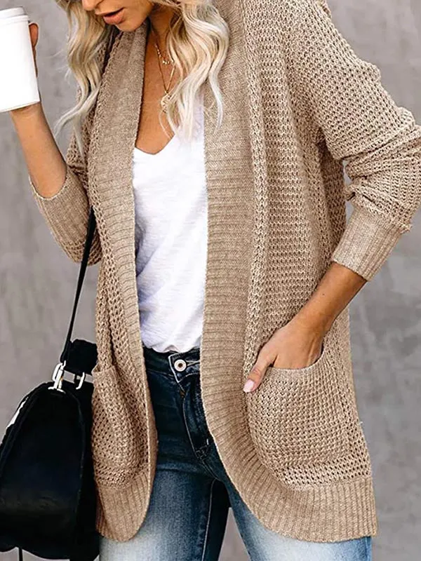 Curved Placket Large Pockets Knit Cardigan