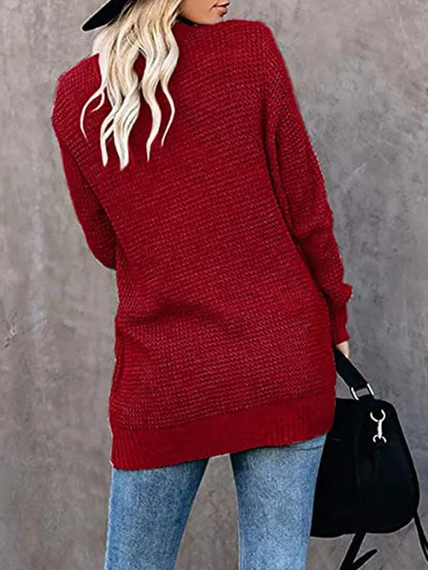 Curved Placket Large Pockets Knit Cardigan