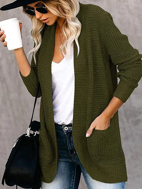Curved Placket Large Pockets Knit Cardigan