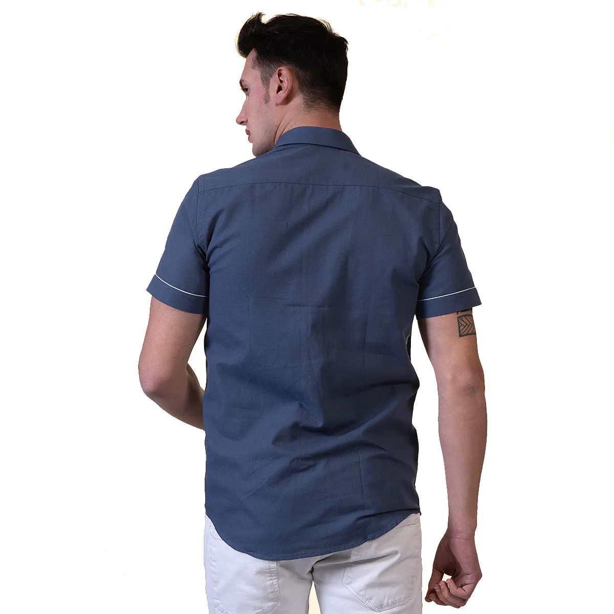 Dark Blue Mens Short Sleeve Button up Shirts - Tailored Slim Fit Cotton Dress Shirts