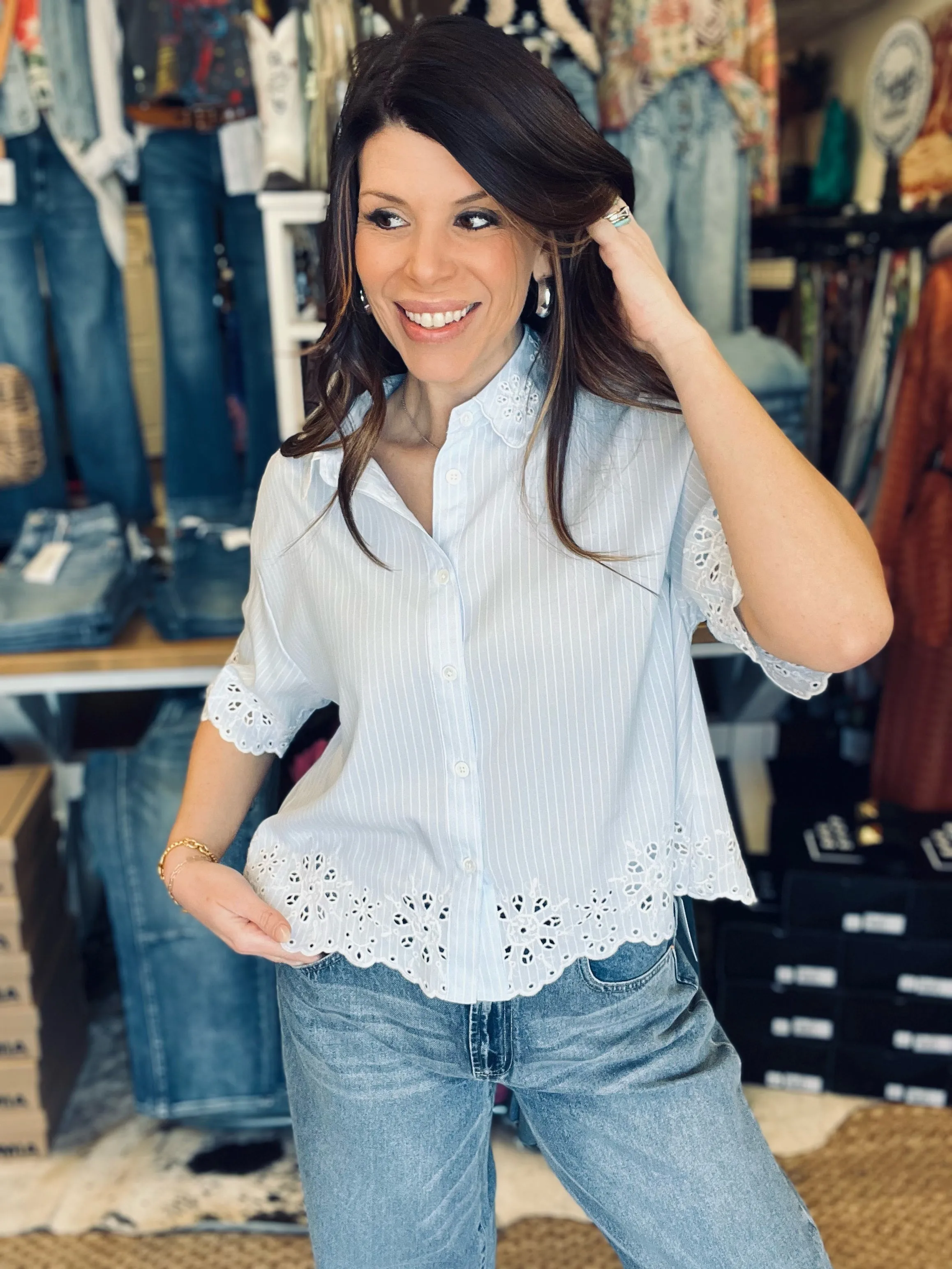 Dear John- Ansel Pinstripe Eyelet Top