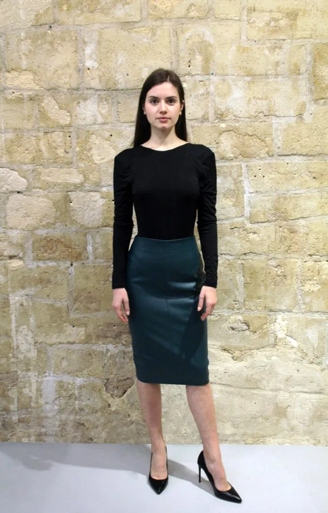 DEEP GREEN FAUX LEATHER PENCIL SKIRT