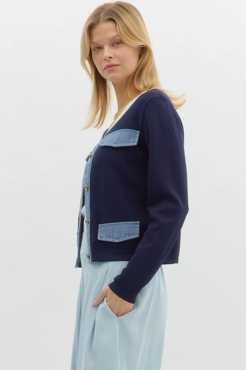 Denim Accent Knit Cardigan