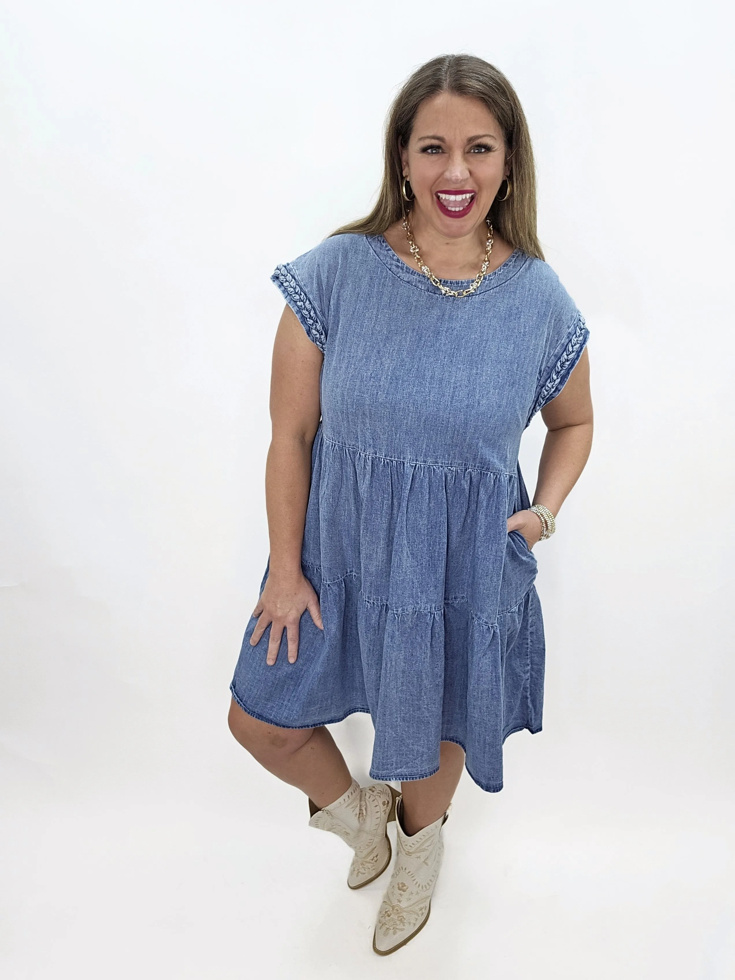 DENIM TIERED DRESS W/ CAP SLEEVE WITH BRAIDED DETAIL