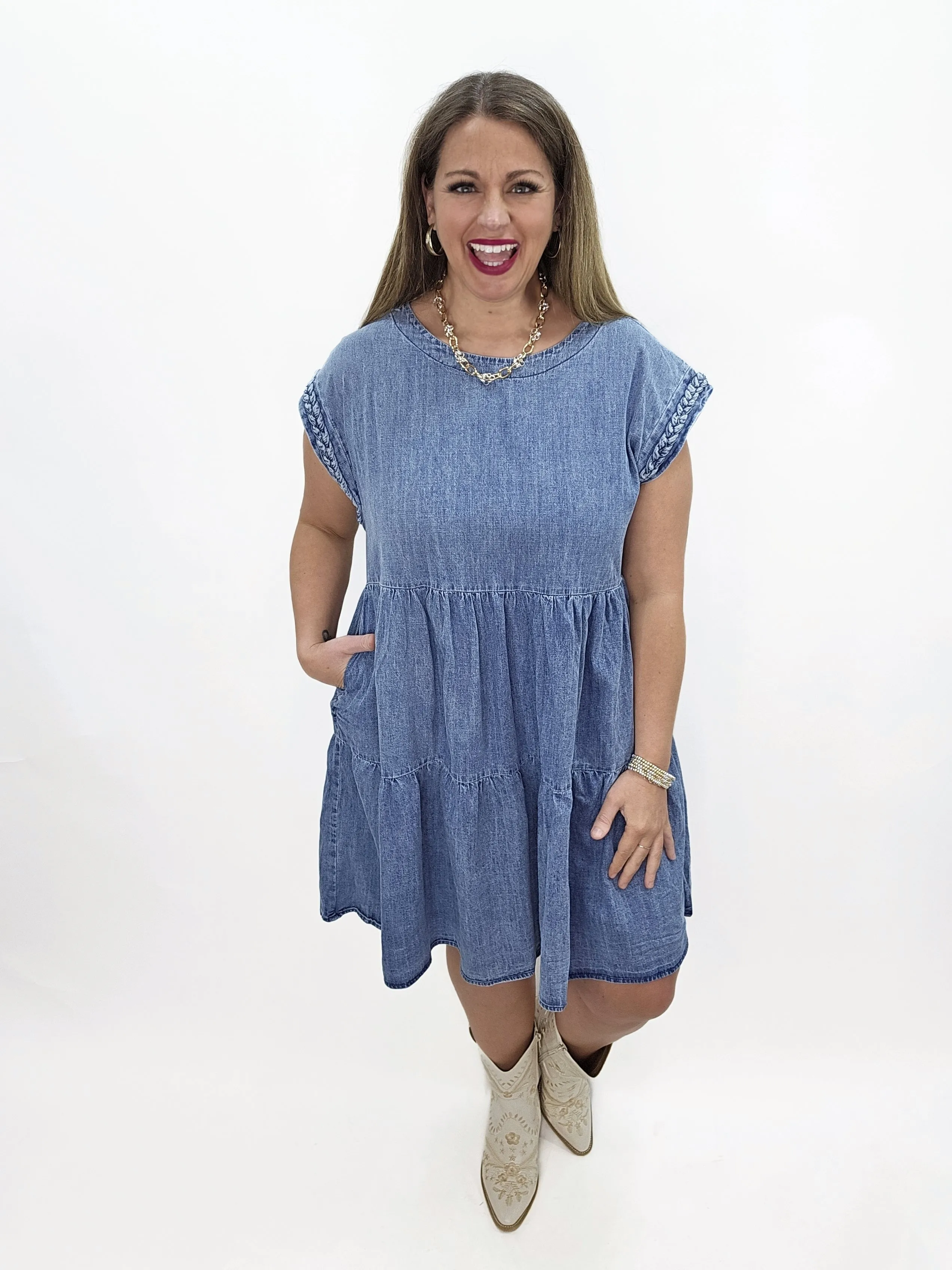 DENIM TIERED DRESS W/ CAP SLEEVE WITH BRAIDED DETAIL