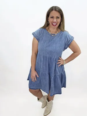 DENIM TIERED DRESS W/ CAP SLEEVE WITH BRAIDED DETAIL