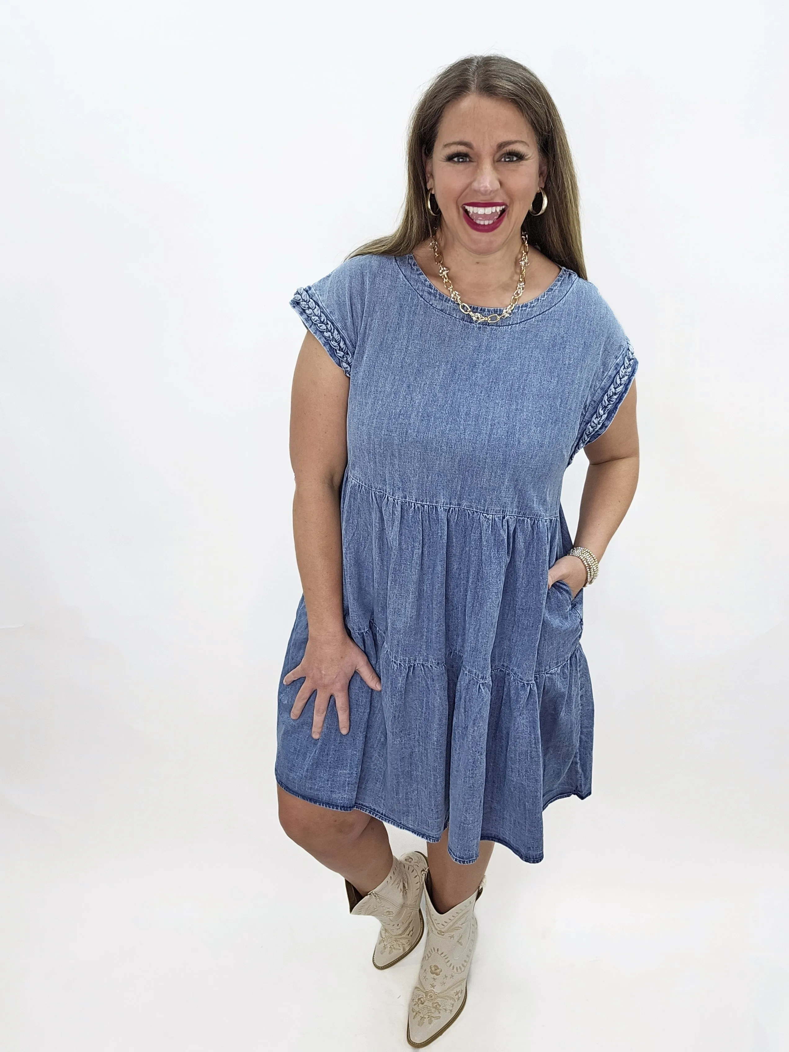 DENIM TIERED DRESS W/ CAP SLEEVE WITH BRAIDED DETAIL