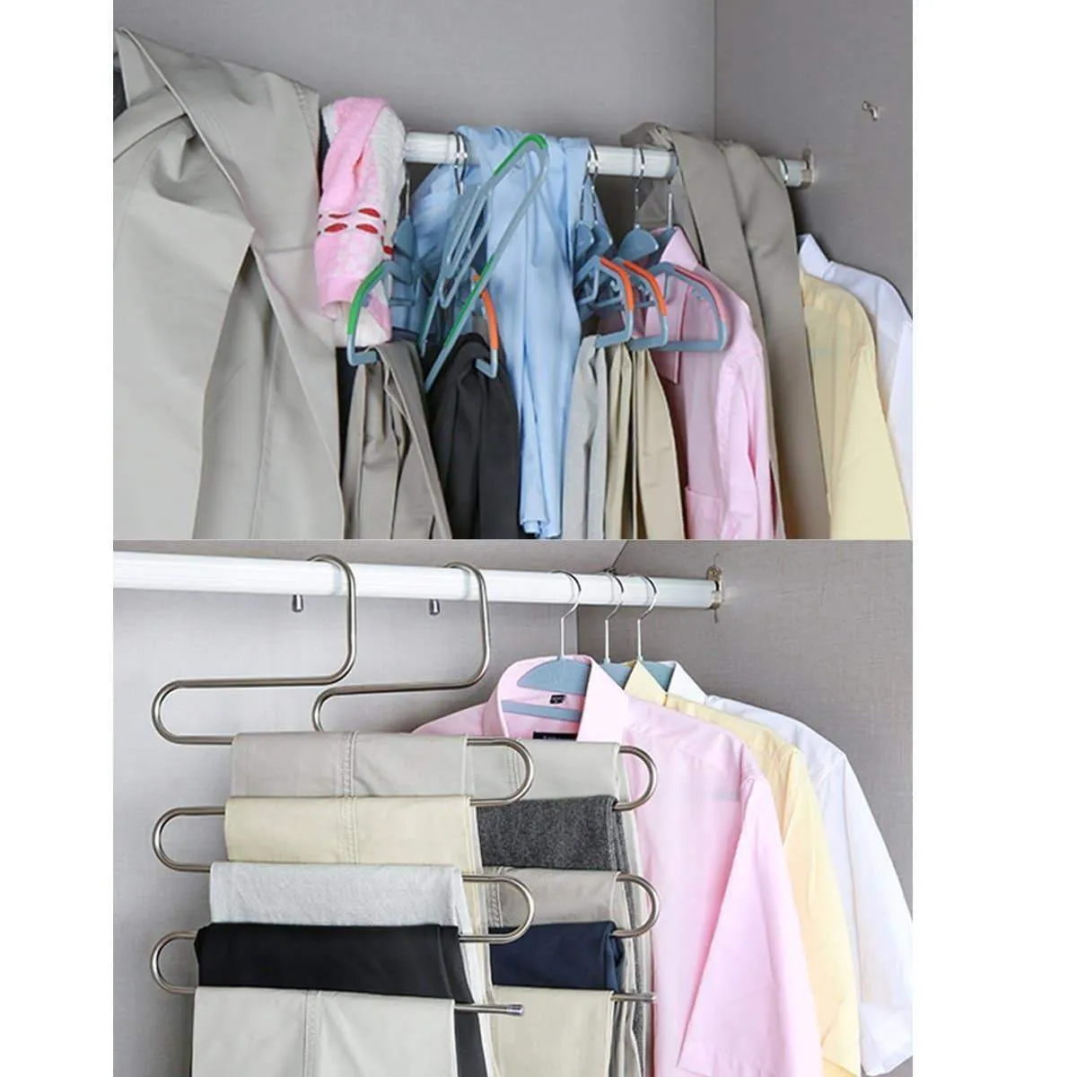 DOIOWN Pants Hangers S-Shape Stainless Steel Clothes Hangers Space Saving Hangers Closet Organizer for Pants Jeans Scarf(5 Layers,10Pcs)