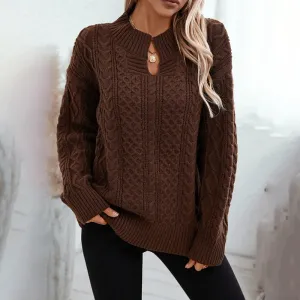 Downtown Diva Cable Knit Keyhole Long Sleeve Sweater