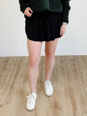 Drawstring High Waist Lined Tennis Skort in Black
