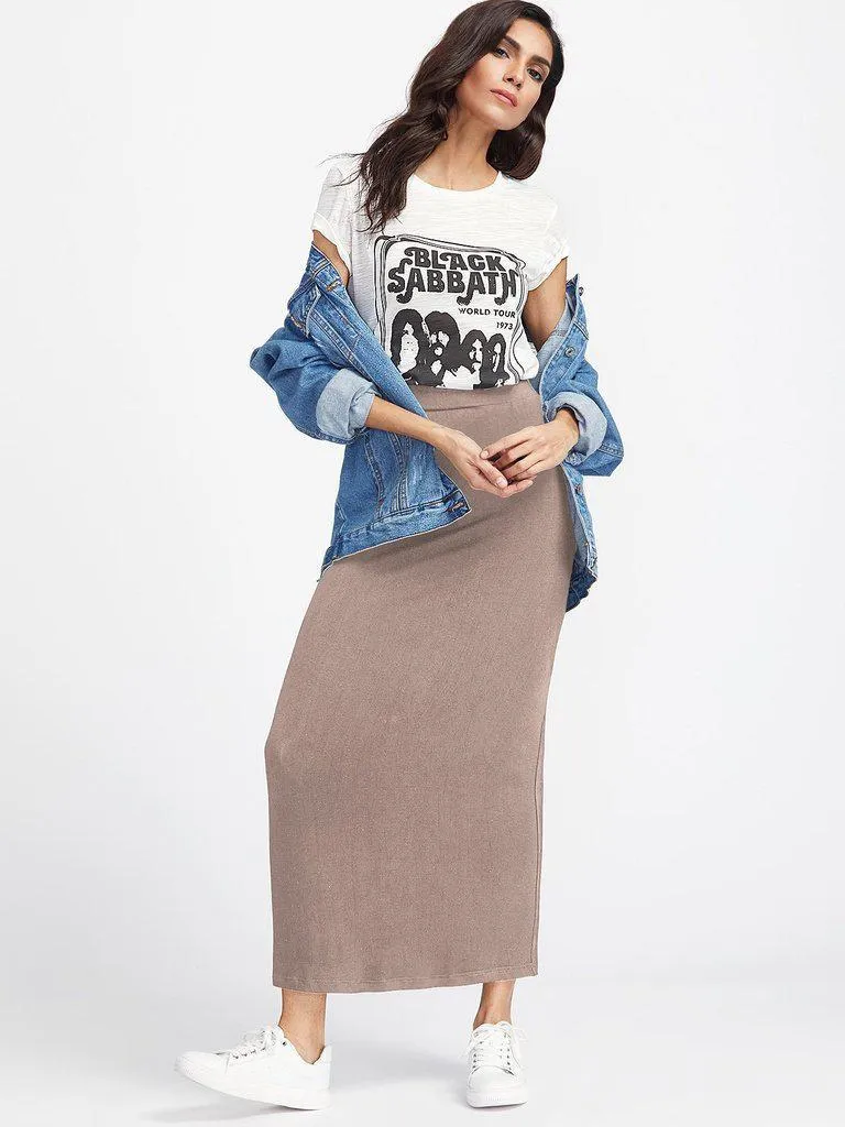 Elastic Waist Longline Jersey Skirt