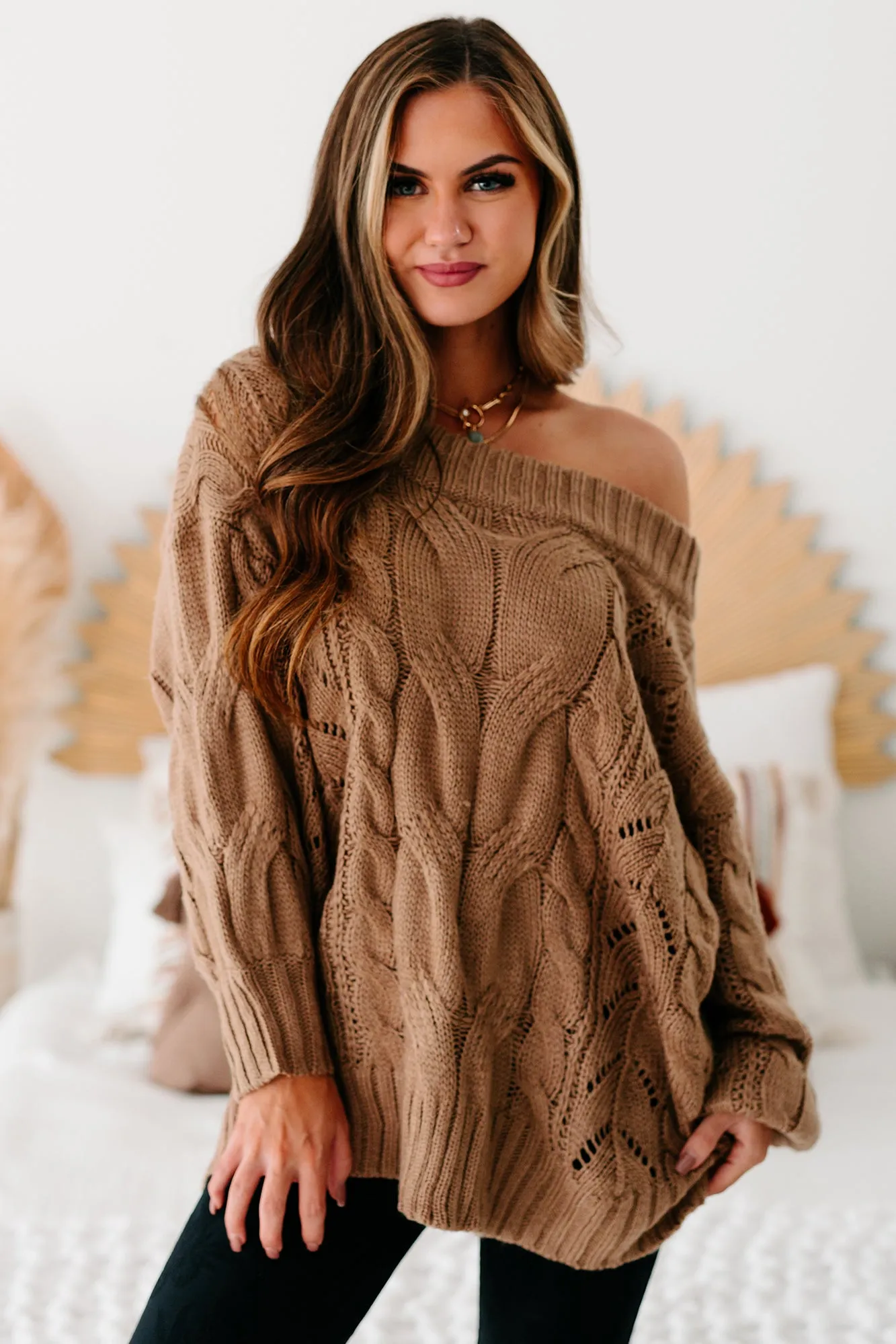 Finally Mine Cable Knit Off The Shoulder Sweater (Mocha)