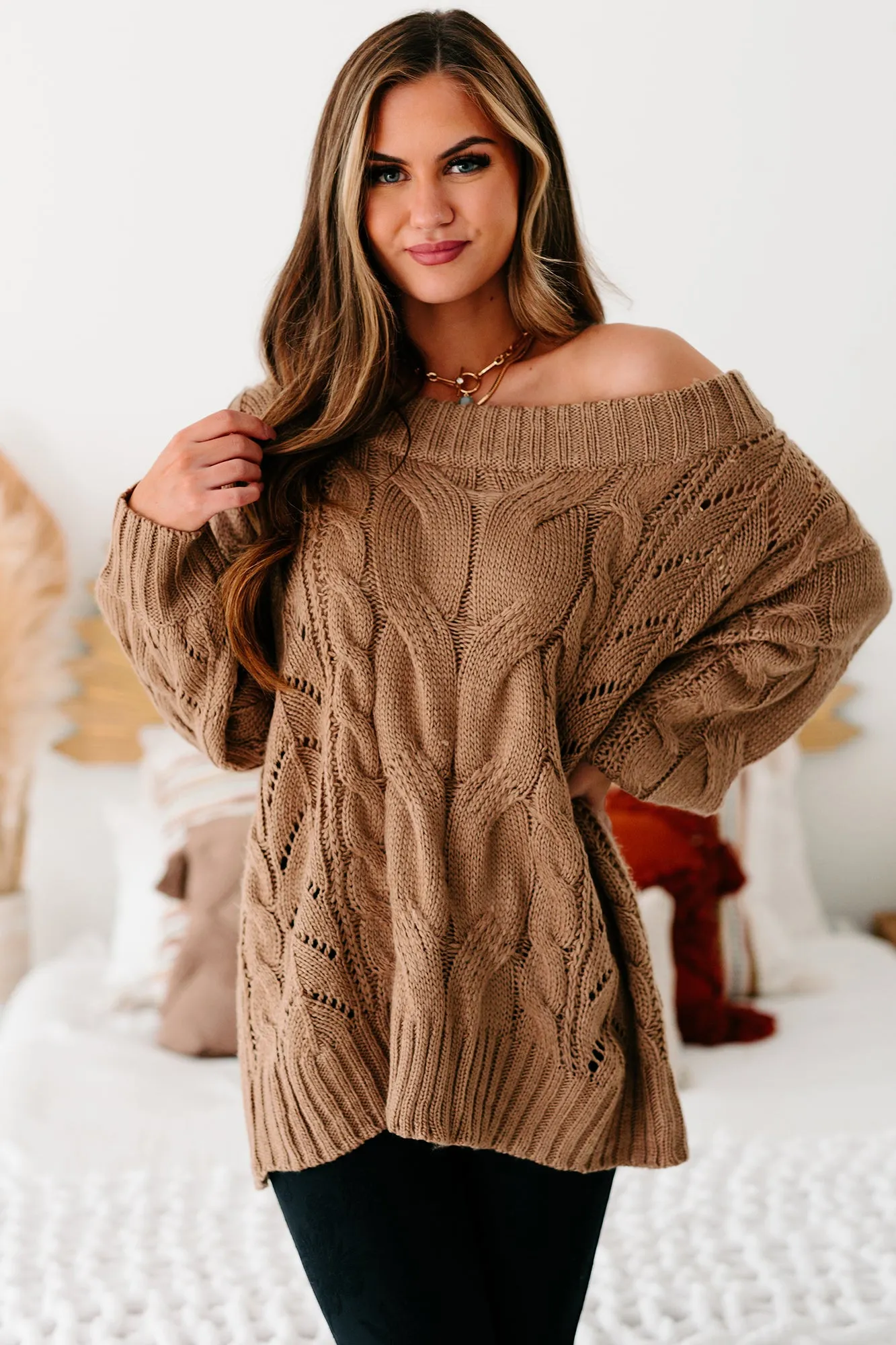 Finally Mine Cable Knit Off The Shoulder Sweater (Mocha)