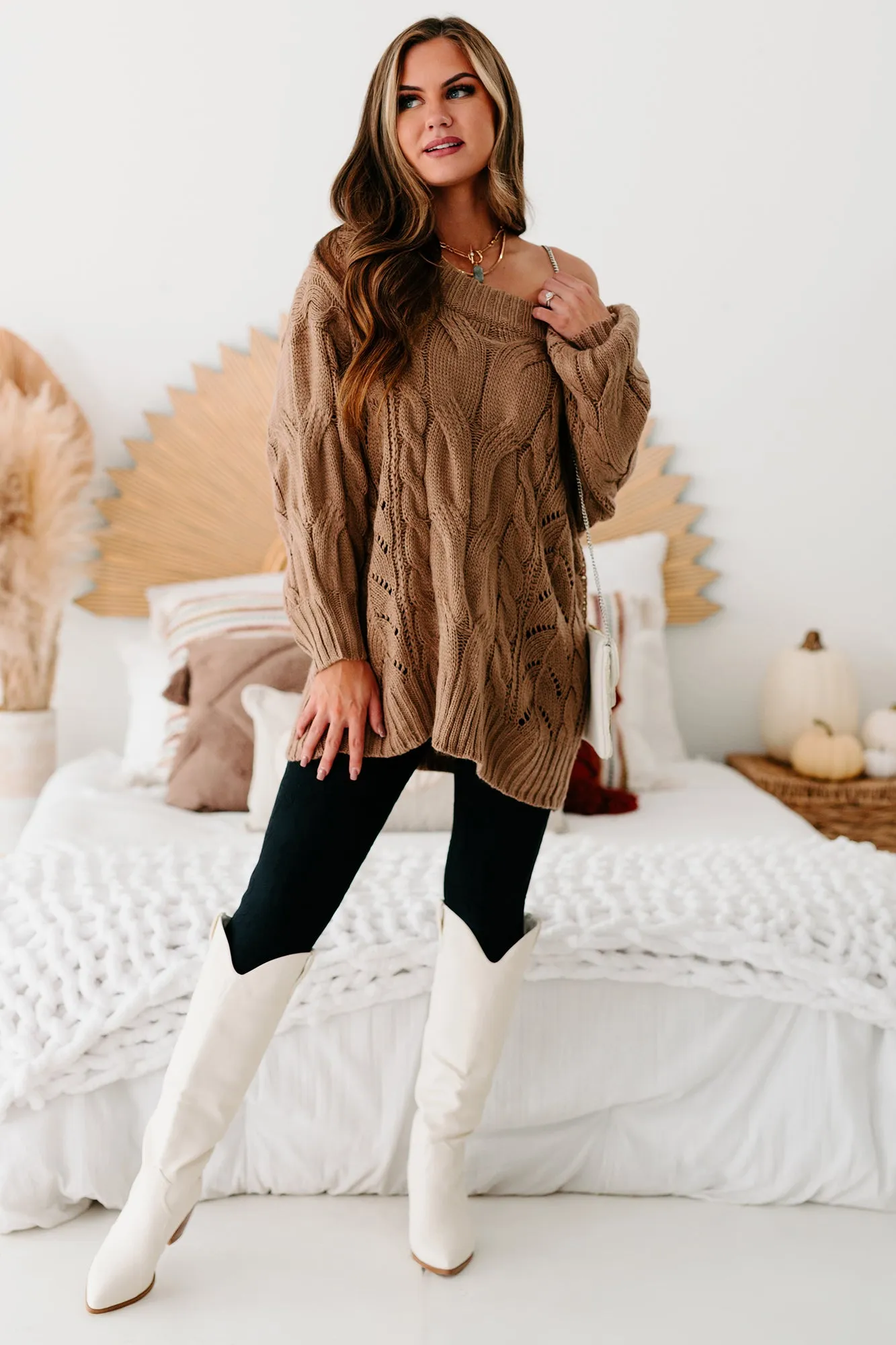 Finally Mine Cable Knit Off The Shoulder Sweater (Mocha)