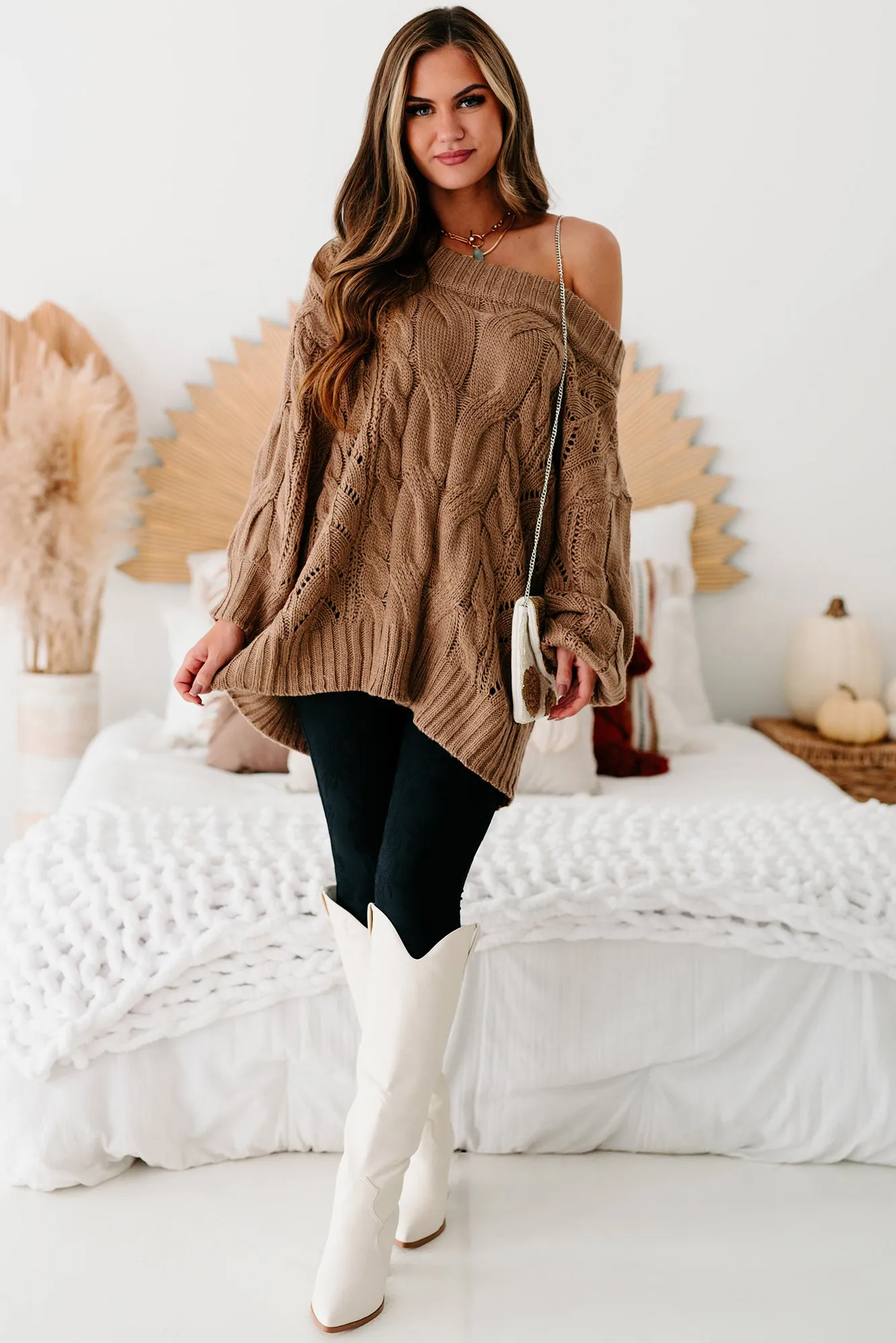 Finally Mine Cable Knit Off The Shoulder Sweater (Mocha)