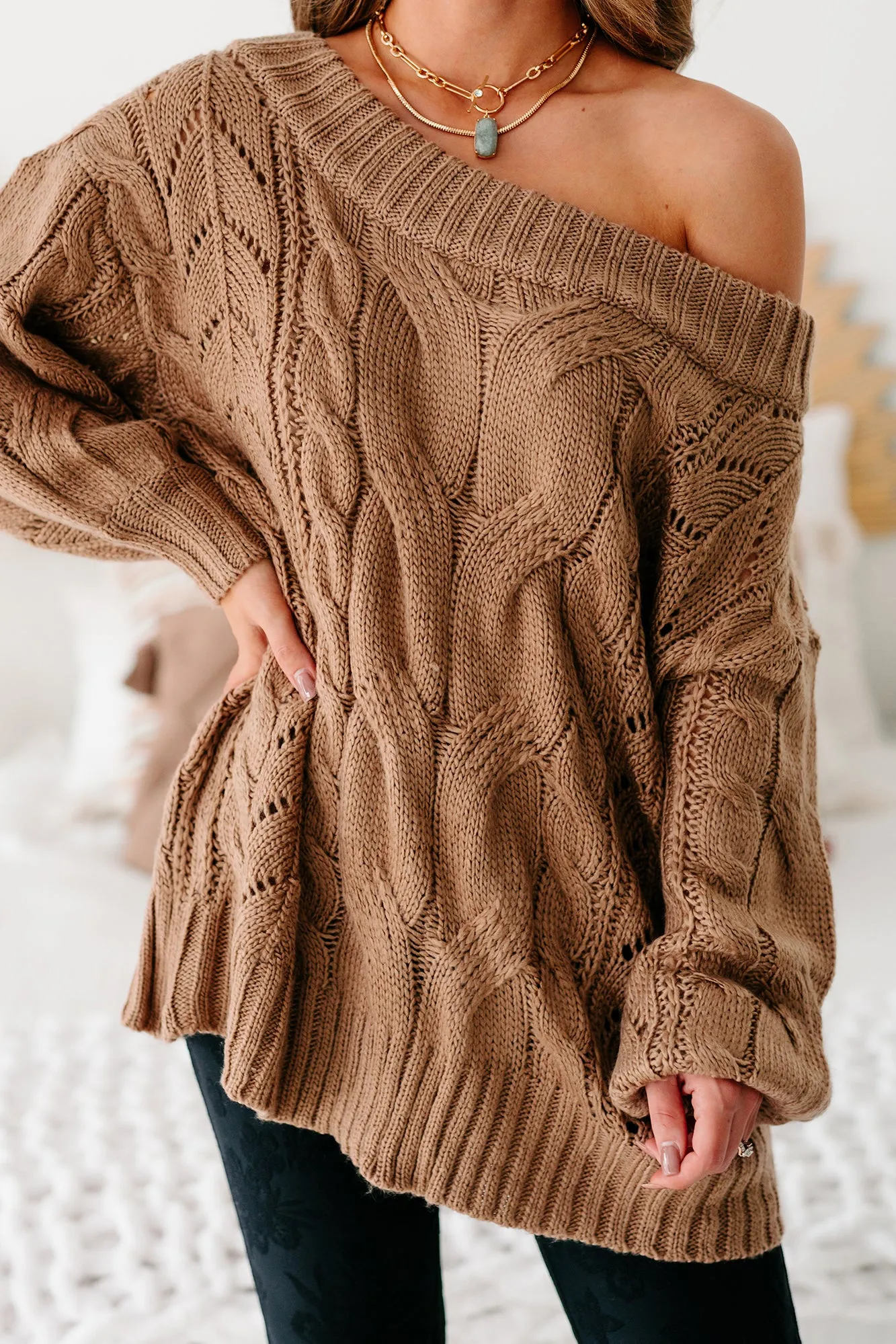 Finally Mine Cable Knit Off The Shoulder Sweater (Mocha)
