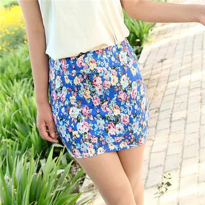 Floral Printed Women Skirt Girl Printing Short Skirts Hip Blue Red High Waist Office Lady Cloth
