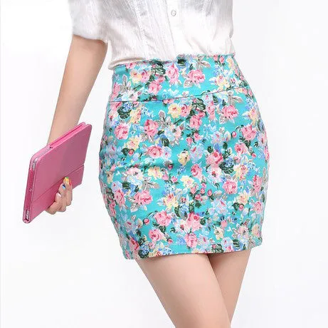 Floral Printed Women Skirt Girl Printing Short Skirts Hip Blue Red High Waist Office Lady Cloth