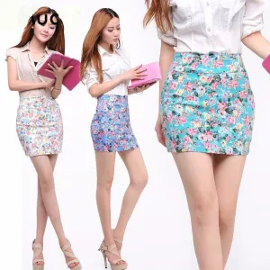 Floral Printed Women Skirt Girl Printing Short Skirts Hip Blue Red High Waist Office Lady Cloth