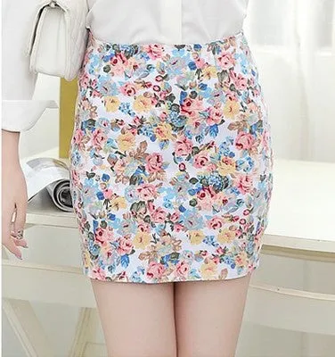 Floral Printed Women Skirt Girl Printing Short Skirts Hip Blue Red High Waist Office Lady Cloth