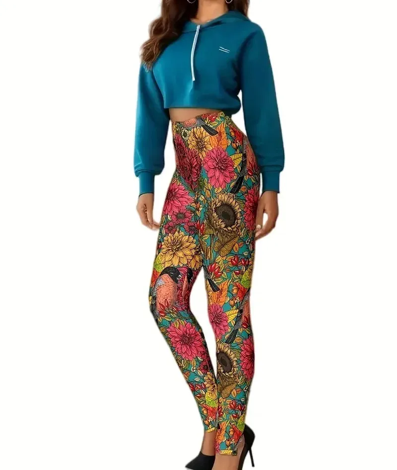 Flower and bird print Rest tight stretch elastic waist comfortable slim fit work daily travel Wearing women's leggings