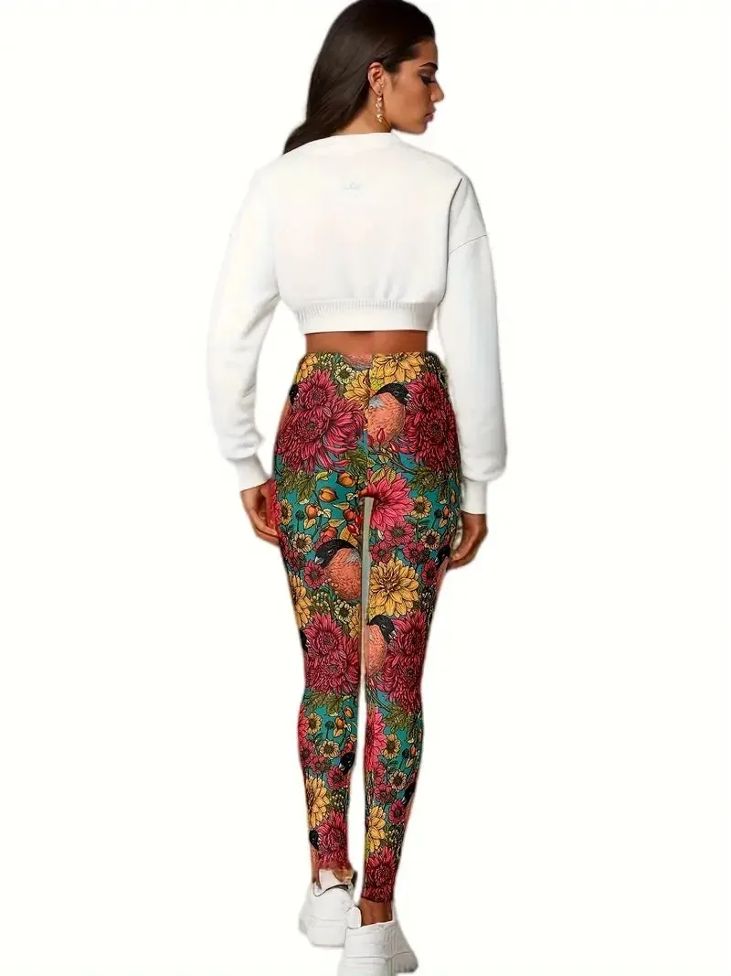 Flower and bird print Rest tight stretch elastic waist comfortable slim fit work daily travel Wearing women's leggings