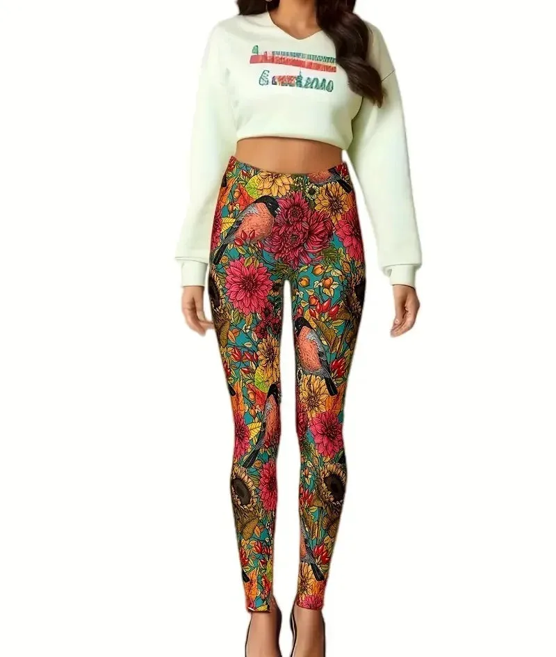 Flower and bird print Rest tight stretch elastic waist comfortable slim fit work daily travel Wearing women's leggings