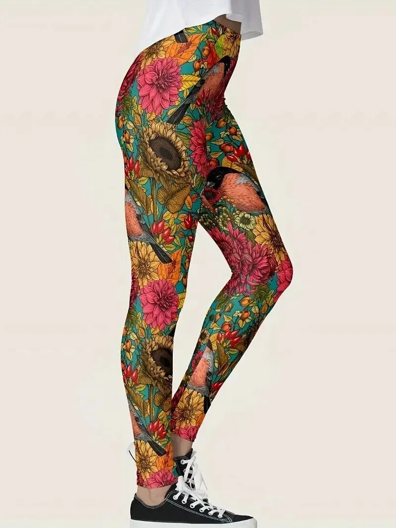 Flower and bird print Rest tight stretch elastic waist comfortable slim fit work daily travel Wearing women's leggings