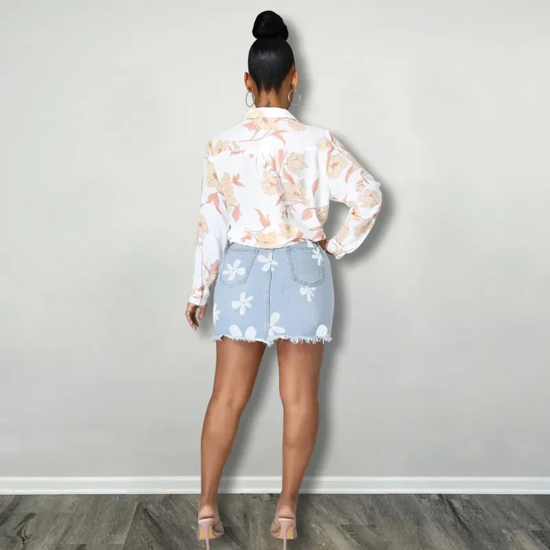 Flower Power Frayed Denim Mini Skirt