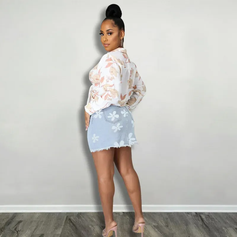 Flower Power Frayed Denim Mini Skirt