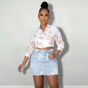 Flower Power Frayed Denim Mini Skirt