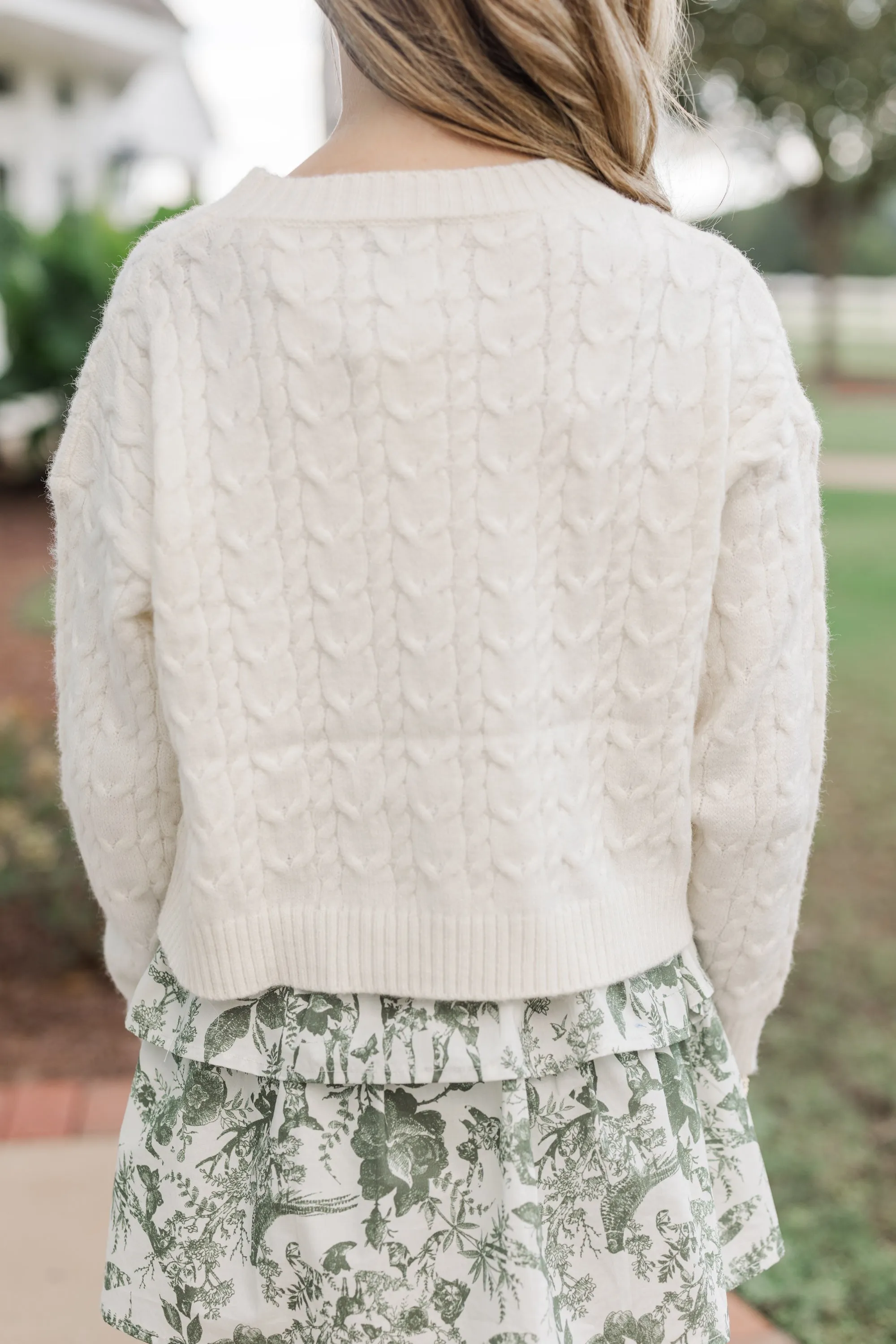Girls: The Kelcie Back Cream Cable Knit Crop Sweater