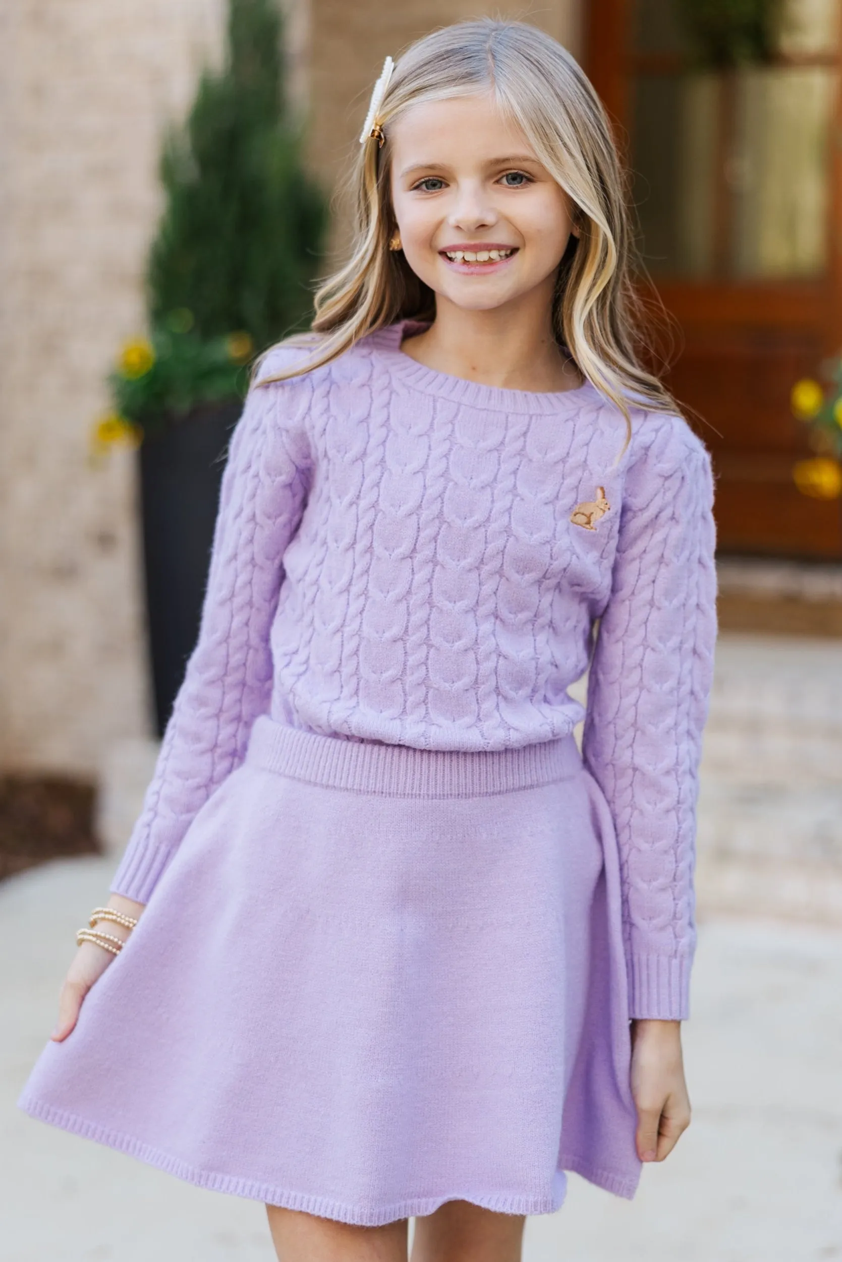 Girls: The Mallory Lavender Bunny Cable Knit Sweater