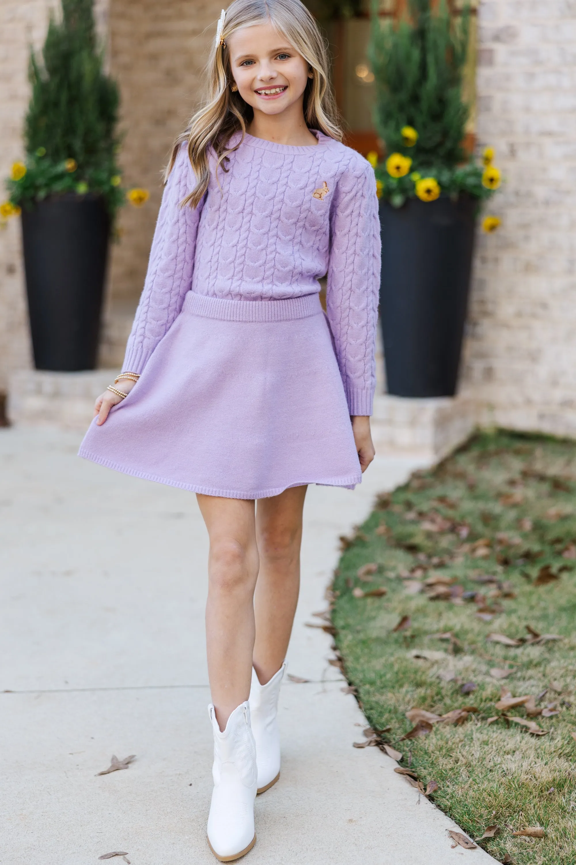 Girls: The Mallory Lavender Bunny Cable Knit Sweater