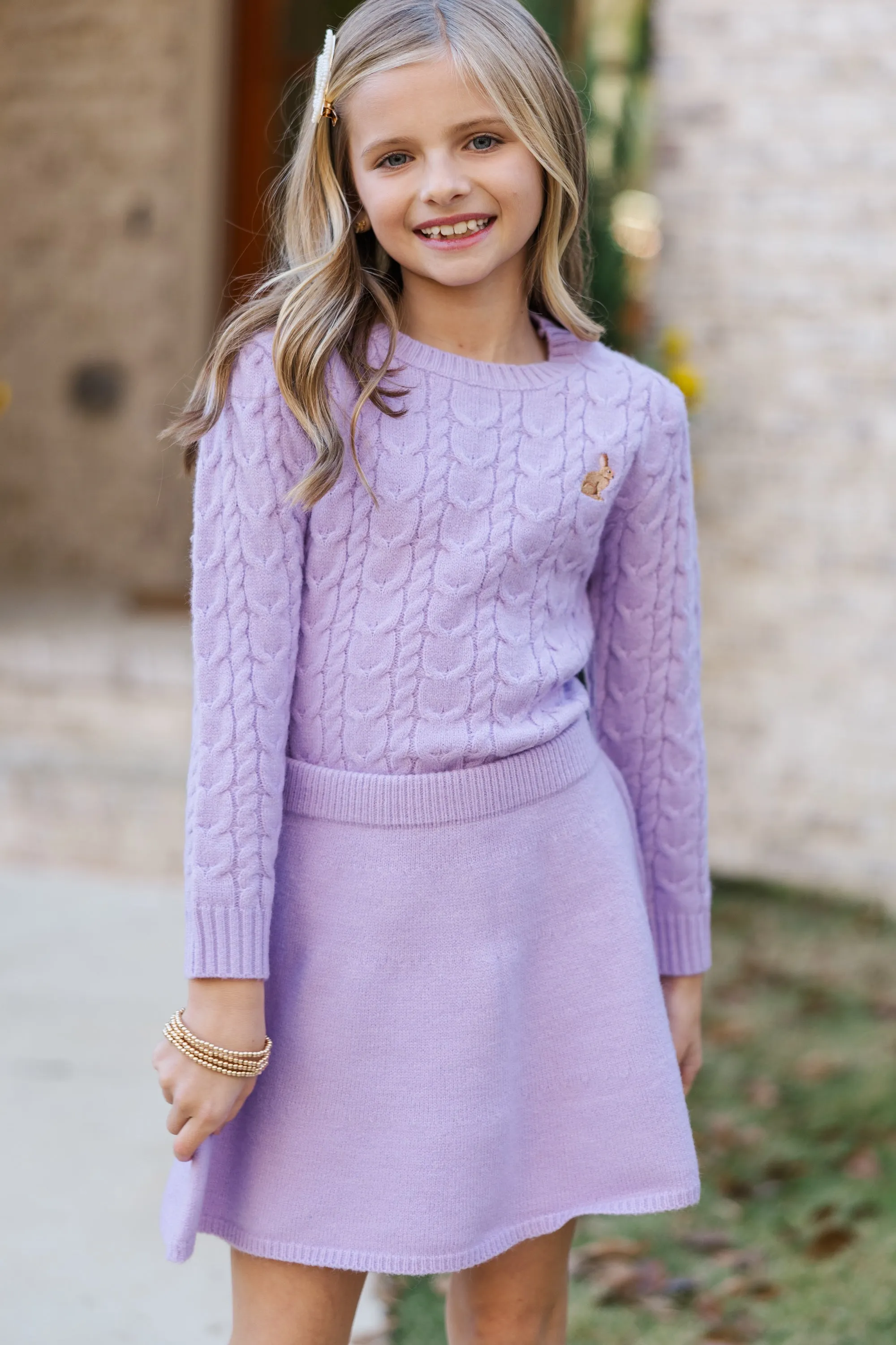 Girls: The Mallory Lavender Bunny Cable Knit Sweater