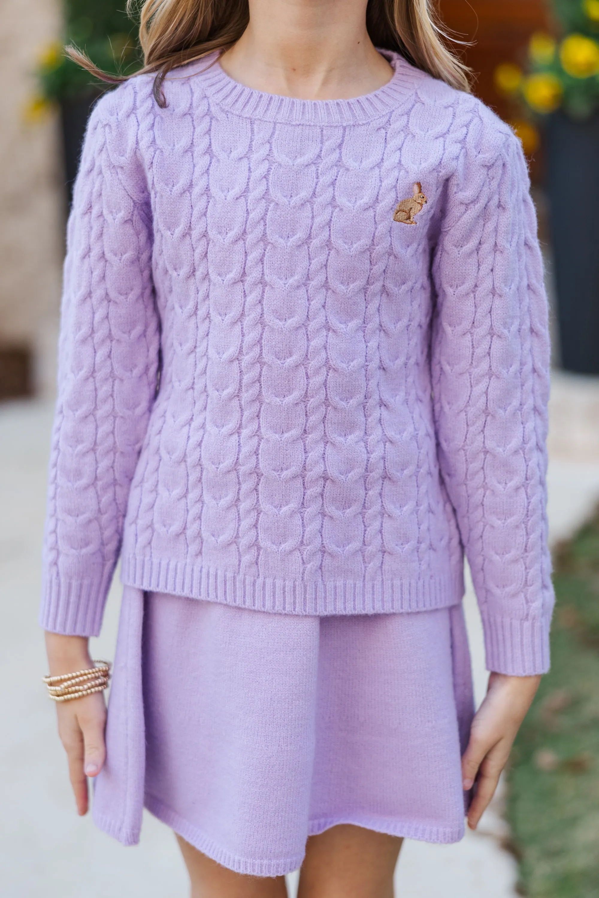 Girls: The Mallory Lavender Bunny Cable Knit Sweater