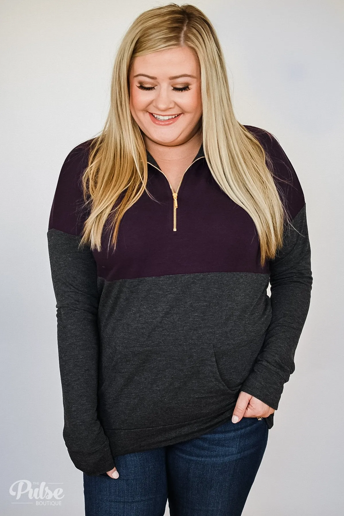 Golden Zipper Quarter Zip Pullover Top- Eggplant & Charcoal
