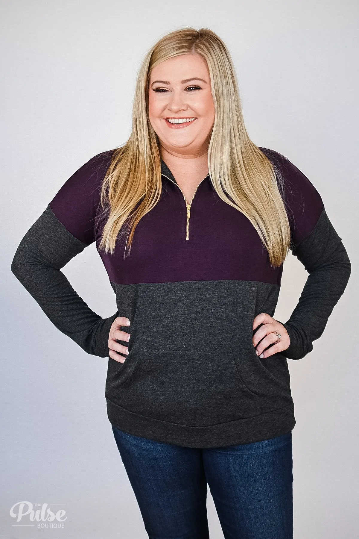 Golden Zipper Quarter Zip Pullover Top- Eggplant & Charcoal