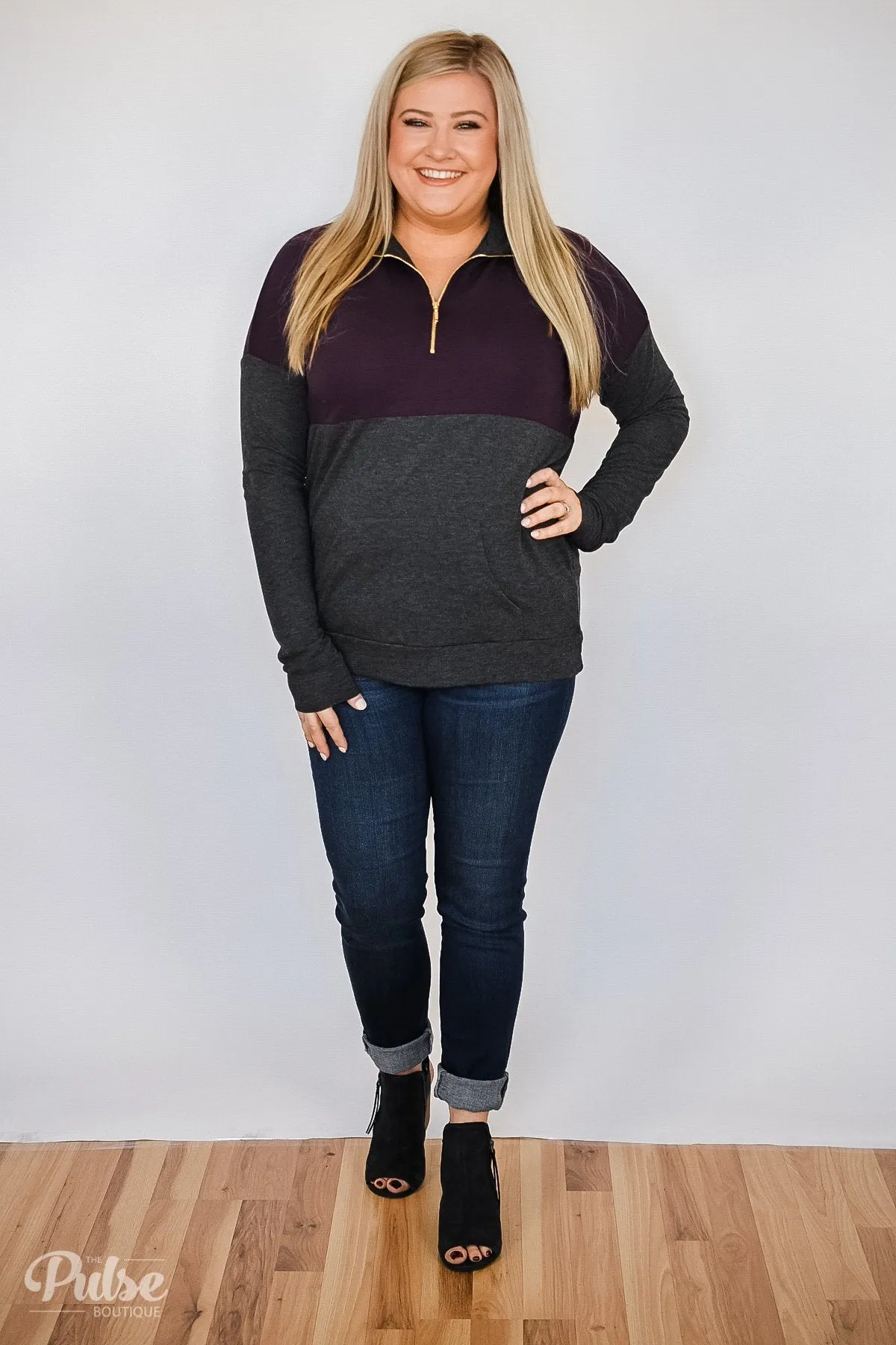 Golden Zipper Quarter Zip Pullover Top- Eggplant & Charcoal