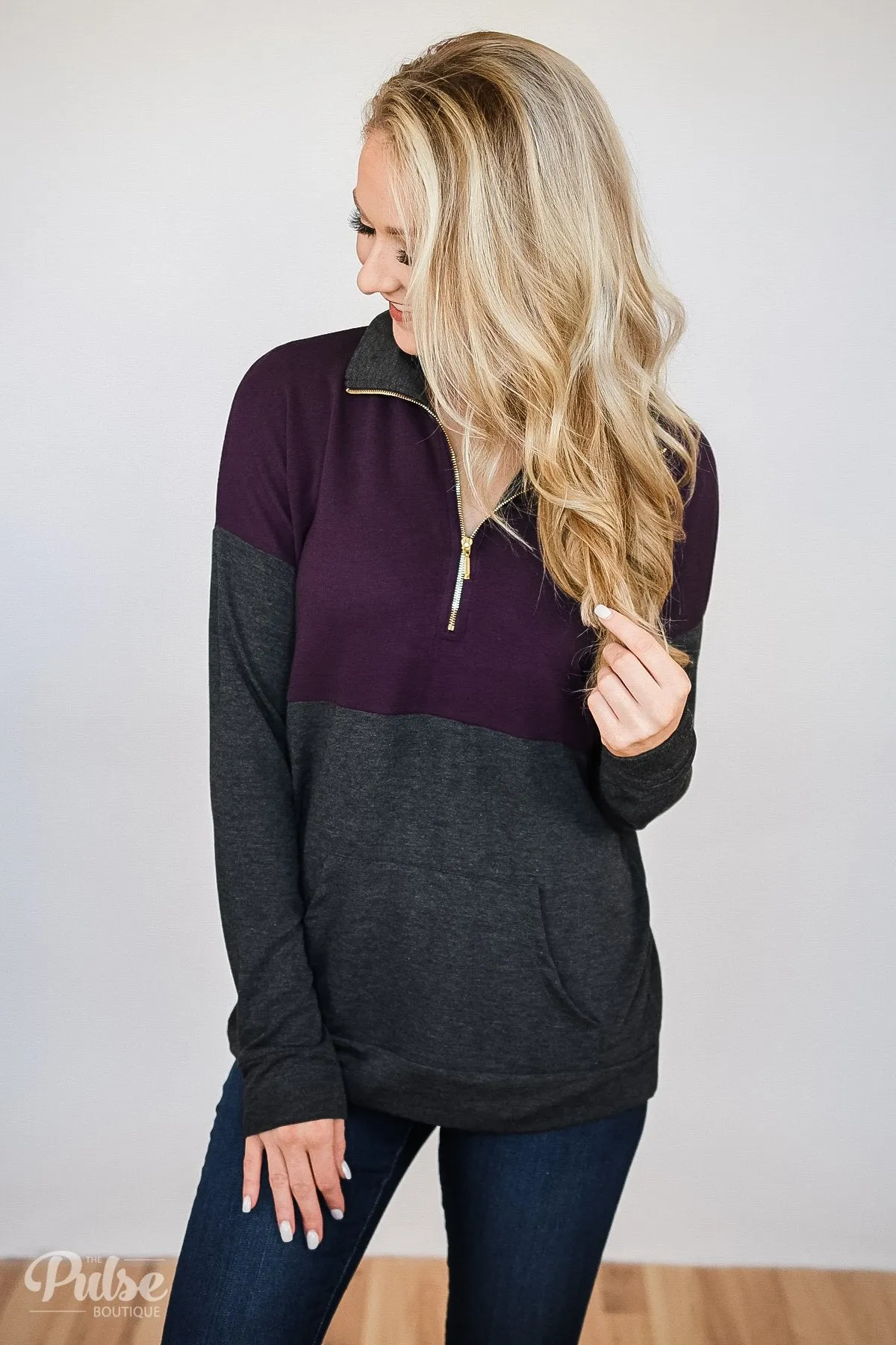 Golden Zipper Quarter Zip Pullover Top- Eggplant & Charcoal