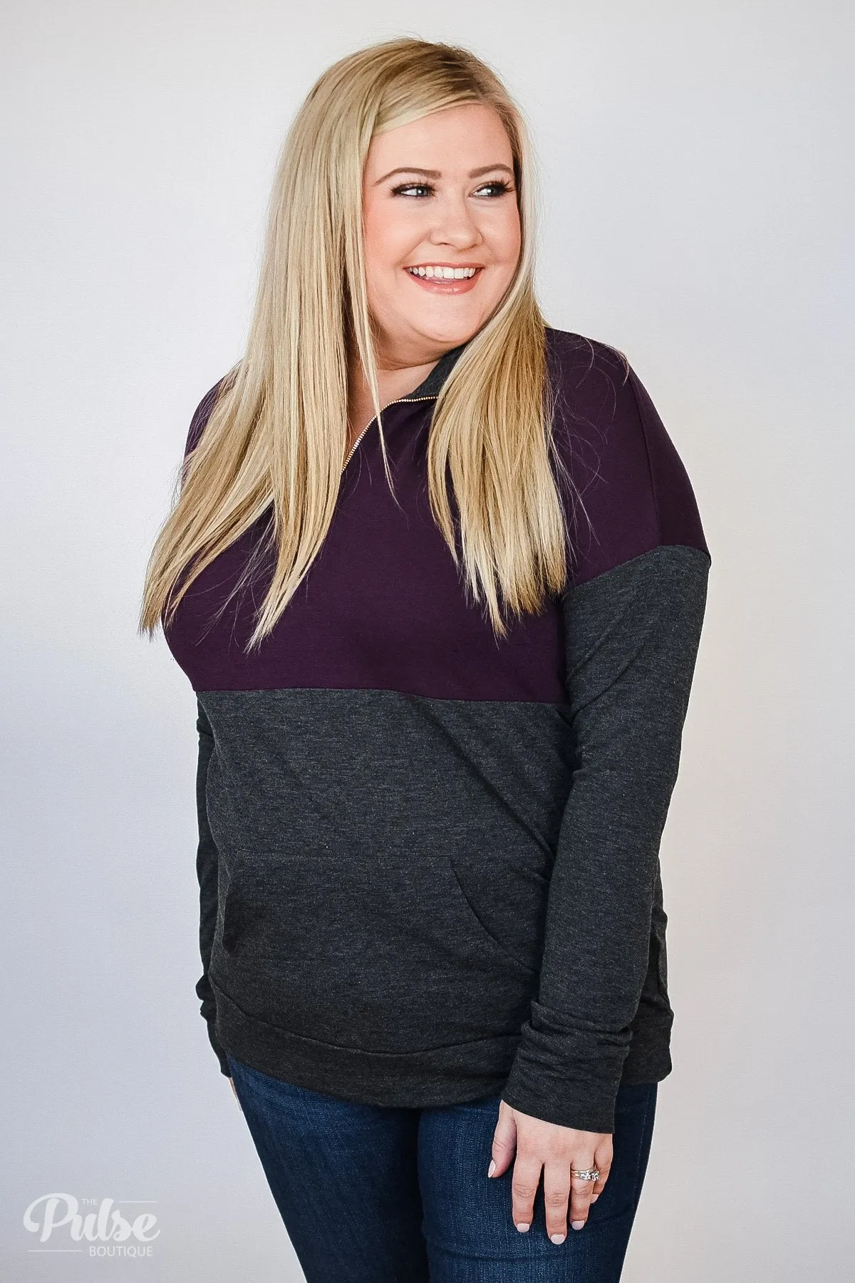 Golden Zipper Quarter Zip Pullover Top- Eggplant & Charcoal