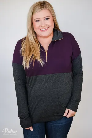Golden Zipper Quarter Zip Pullover Top- Eggplant & Charcoal