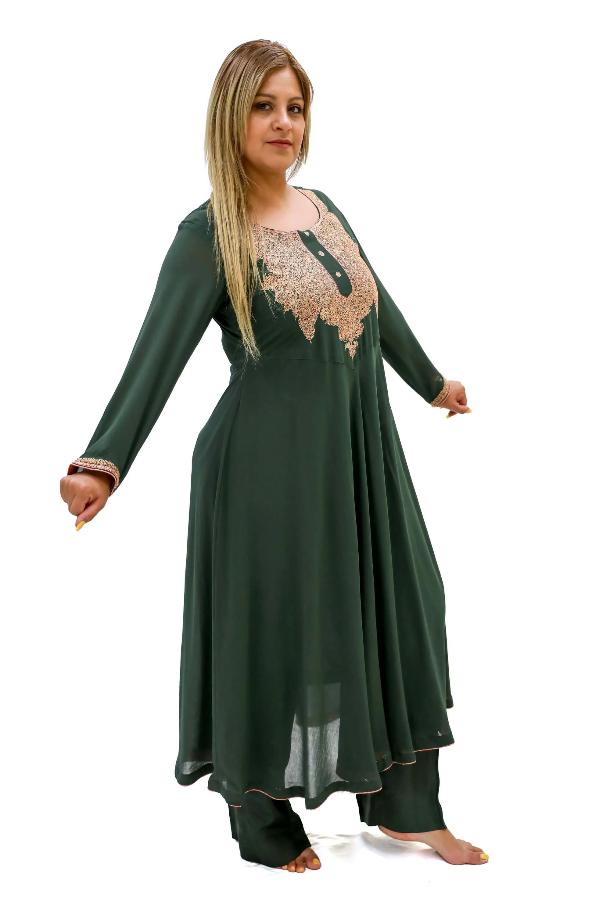 Green Chiffon Salwar Kameez - Kashmir Suit