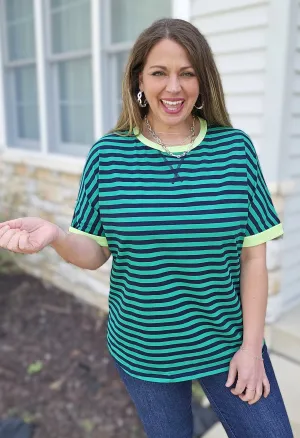 GREEN STRIPED RELAXED FIT SHORT SLEEVE TOP