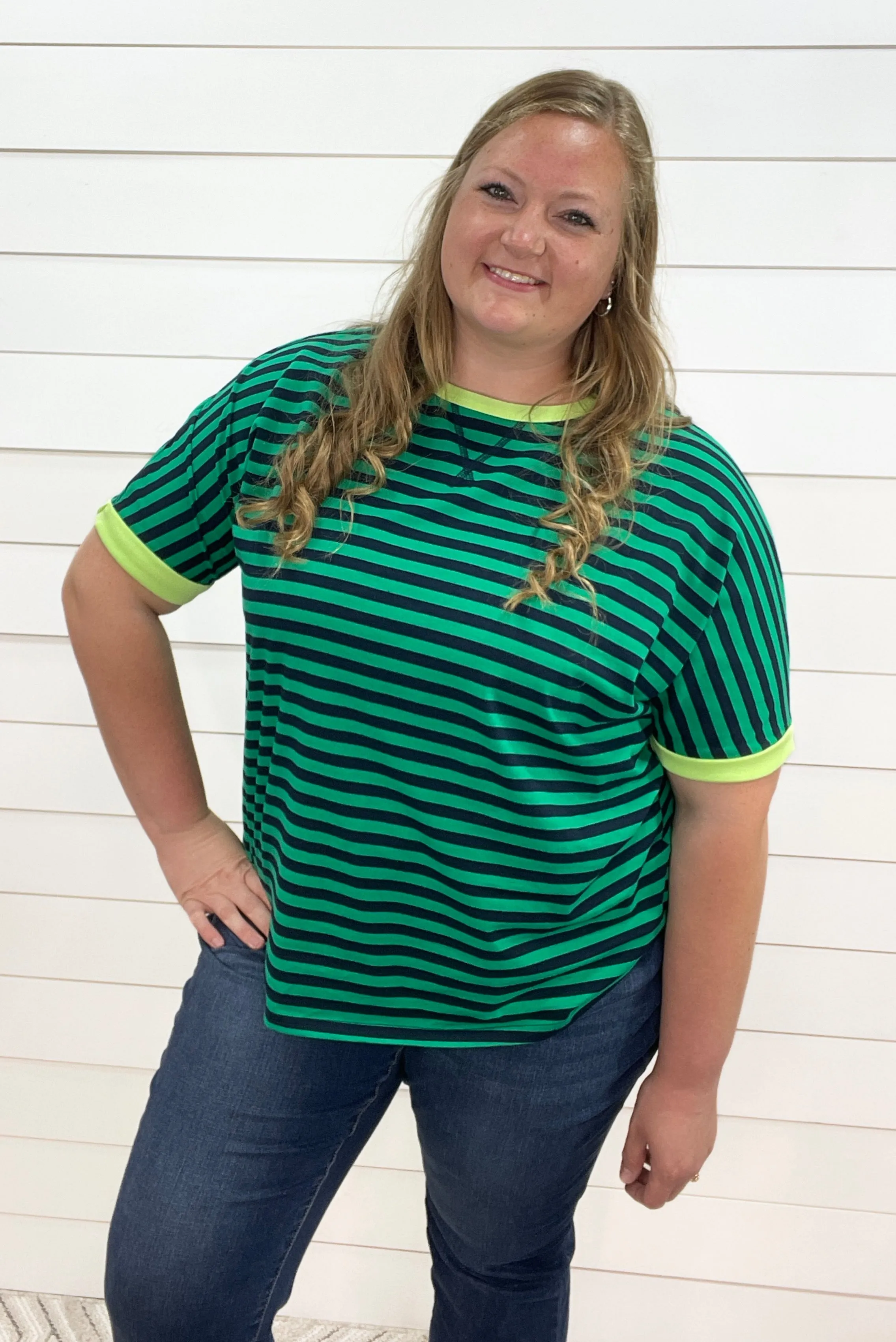 GREEN STRIPED RELAXED FIT SHORT SLEEVE TOP