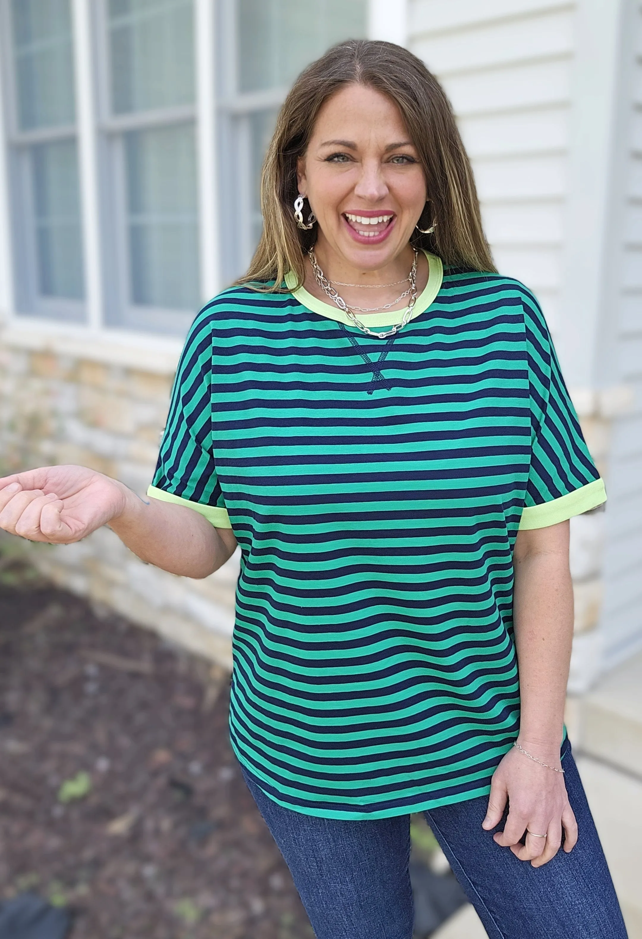 GREEN STRIPED RELAXED FIT SHORT SLEEVE TOP