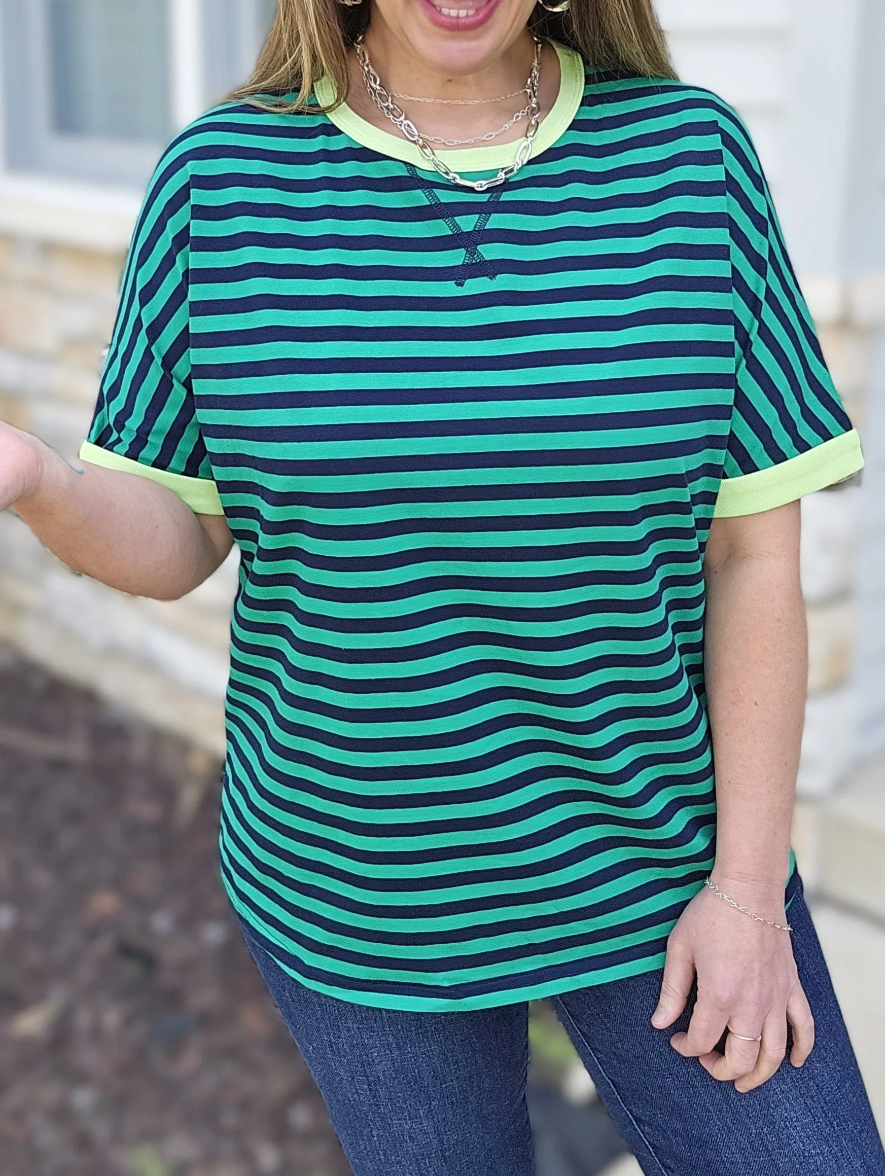 GREEN STRIPED RELAXED FIT SHORT SLEEVE TOP