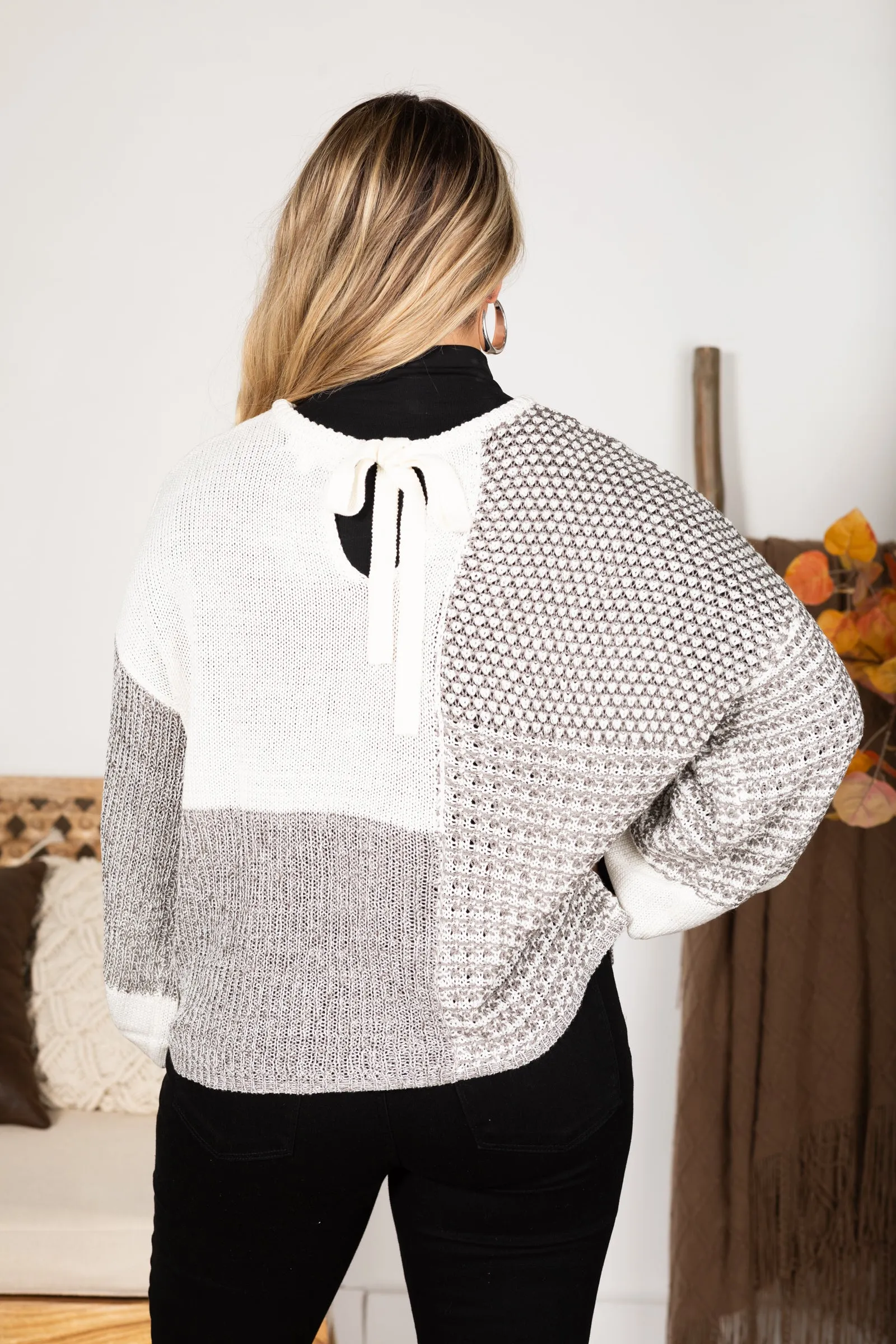 Grey Back Tie Colorblock Knit Sweater