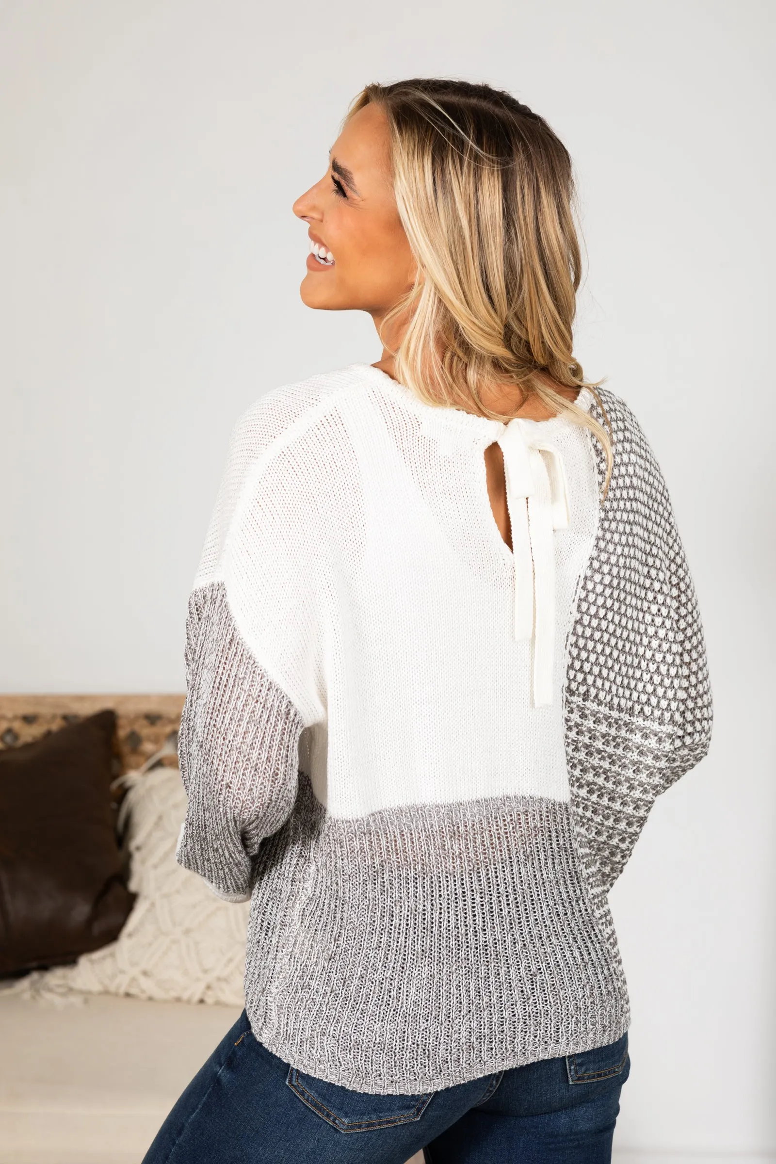 Grey Back Tie Colorblock Knit Sweater