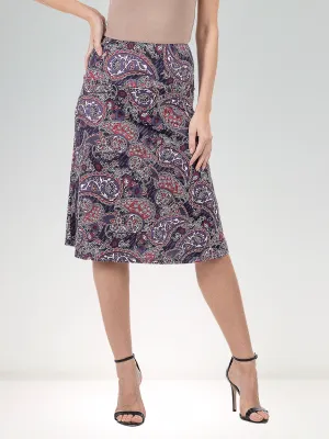 Grey Paisley Elastic Waist Knee Length Skirt